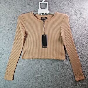 NWT‎ Truth by Republic Cropped Tee Top Women Small Long Sleeve Light Brown